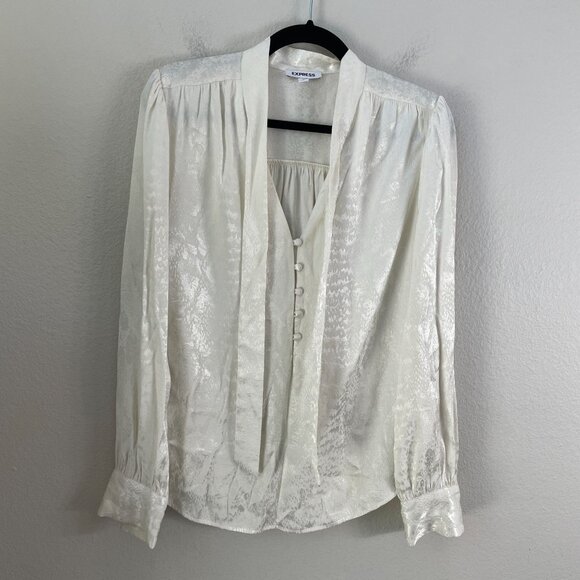 Express Womens Medium Ivory Tie Neck Blouse Long Sleeve Button Front Shirt - Picture 1 of 10